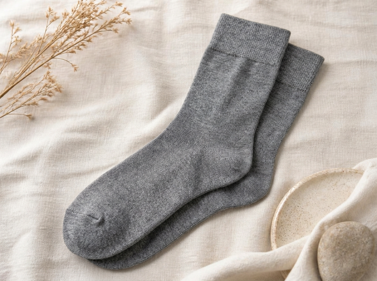 A pair of light grey melange Kilde comfort socks with a soft non-binding cuff and flat toe seam, laid on beige linen beside a ceramic bowl and dried flowers