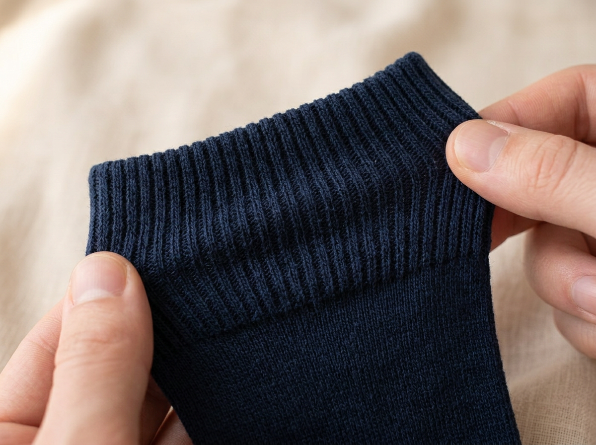 Macro close-up of the soft ribbed non-binding cuff of a navy Kilde mercerized cotton sock gently stretched between a thumb and index finger on beige linen