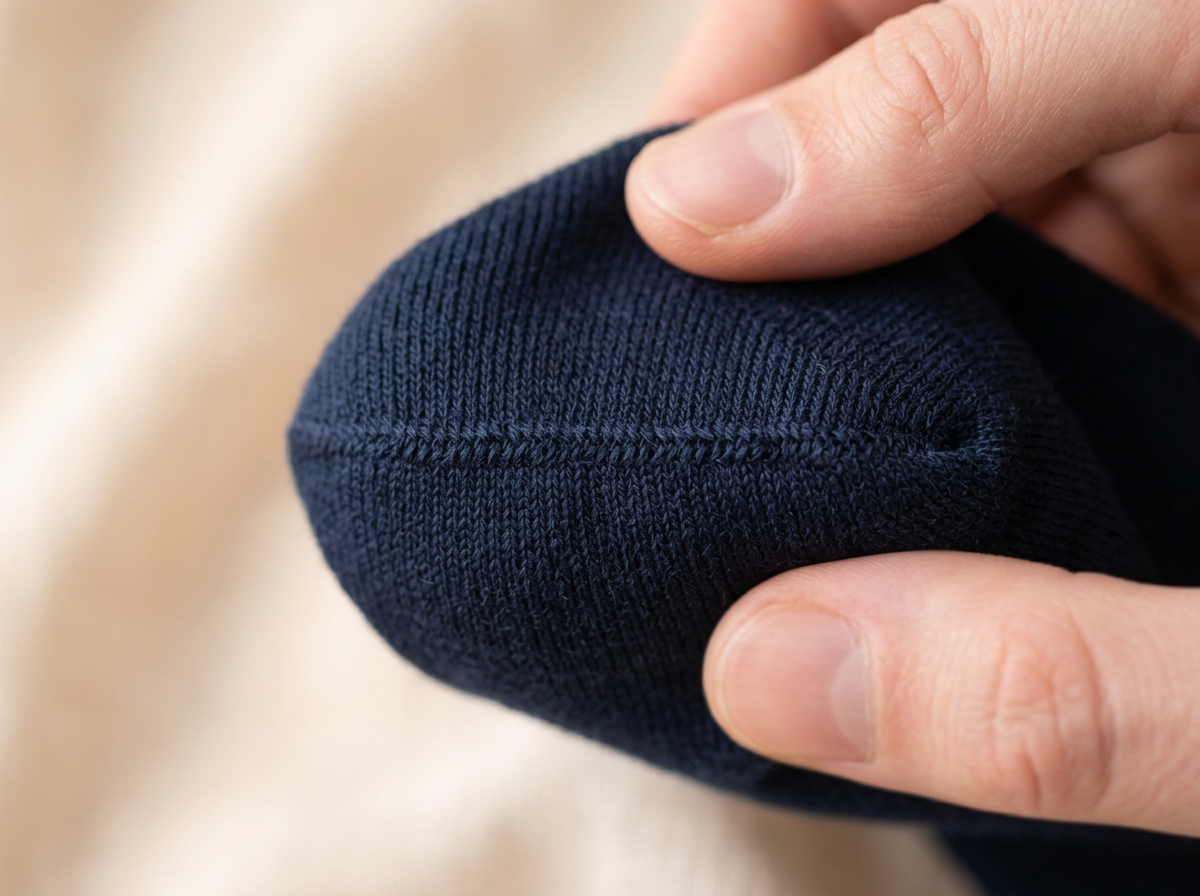 Macro close-up of the flat toe seam on a navy Kilde mercerized cotton sock held between two fingertips on beige linen